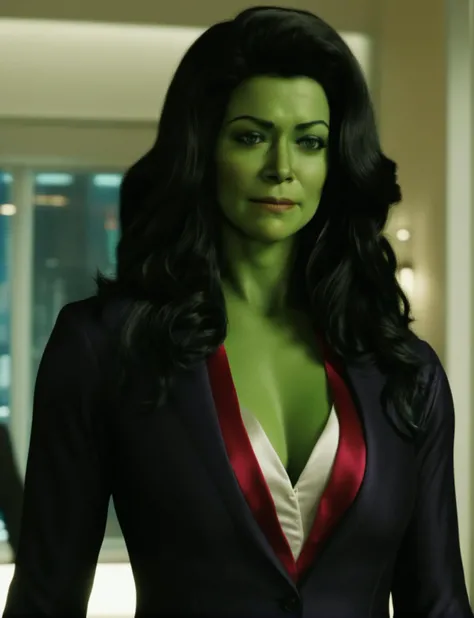 ((voluptuous cleavage:1.9)), green skin, a breathtaking cleavage, ample cleavage, generous cleavage, A full-body depiction of a seductive sexy ohwx woman with cleavage, a captivatingly seductive cleavage on full display, green skin, lustrous hair, ((ample voluptuous bosom:1.8, radiant large breasts:1.8)), an alluring ((Ravishing black suit with red silk shirt and white bra:2.0)), strategically open buttons to flaunt her cleavage, a mesmerizing seductive smile, an irresistible sultry expression, looking at the viewer, 4k, ultra high res <lora:SHEHULK_SDXL-000005:0.75>