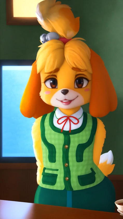 <lora:Isabelle_v1_R64:1> <lora:Isabelle_v1_R64:1> isabelle \(animal crossing\:1.10), plaid vest, blue skirt, white undershirt, tail, BREAK, food, elbows on table, cup, indoors, upper body, <lora:Pos_AcrossTable:1>, masterpiece, best quality, extremely detailed, highly quality, 4k, sharp focus, professional, sharp focus, award winning, cinematic lighting, octane render, unreal engine, volumetrics dtx, Wallpaper,