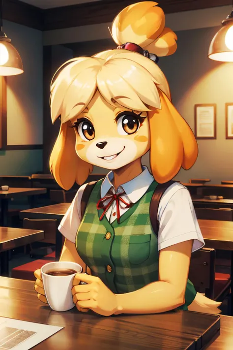 isabelle \(animal crossing\), furry, yellow skin, plaid vest, white undershirt, looking at viewer, smiling, happy, sitting, upper body shot, behind a table, inside cafe, holding  coffee cup, playful ambiance, high quality, masterpiece, <lora:Isabelle_v1_R64:.8>