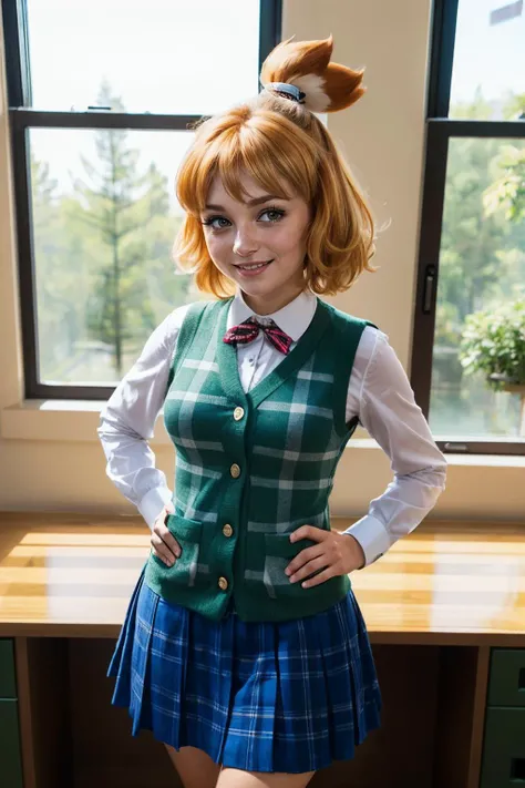 isabelle \(animal crossing\), plaid vest, blue skirt, white undershirt, tail, looking at viewer, smiling, standing, hands on hips, inside office, desk, window, natural lighting, high quality, masterpiece, <lora:Isabelle_v1_R64:.8>