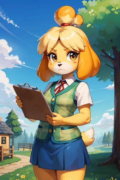 isabelle \(animal crossing\), furry, yellow skin, plaid vest, blue skirt, white undershirt, tail, looking at viewer, serious, standing, outside, plaza, holding clipboard, trees, blue sky, high quality, masterpiece, <lora:Isabelle_v1_R64:.8>