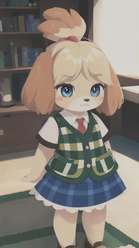 <lora:Isabelle_v1_R64:1> isabelle \(animal crossing\:1.10), plaid vest, blue skirt, white undershirt, tail, BREAK, cute, adorable, small,, masterpiece, best quality, extremely detailed, highly quality, 4k, sharp focus, professional, sharp focus, award winning, cinematic lighting, octane render, unreal engine, volumetrics dtx, Wallpaper,