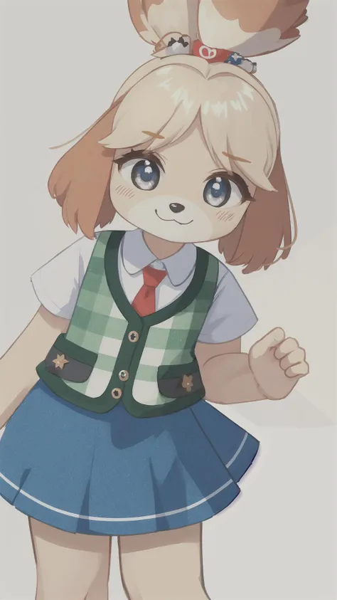 <lora:Isabelle_v1_R64:1> isabelle \(animal crossing\:1.10), plaid vest, blue skirt, white undershirt, tail, BREAK, cute, adorable, small,, masterpiece, best quality, extremely detailed, highly quality, 4k, sharp focus, professional, sharp focus, award winning, cinematic lighting, octane render, unreal engine, volumetrics dtx, Wallpaper,