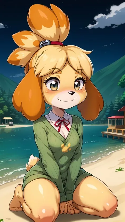 (isabelle \(animal crossing\):1.1), (masterpiece, best quality:1.2), 1girl, solo, medium breasts, coral eyes, looking afar, meme attire, open-chest sweater, kneeling, outdoors, lakefront, boating, fishing, sandy beaches, forested hills, watercraft rentals, picnic tables, swimming, sunbathing, recreational area, night, stormy, long hair, ponytail, blush, smug, prominent chin, small nose, long lashes