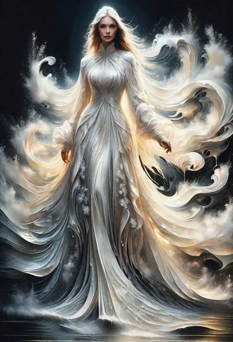 An painting of beautiful woman in a flowing cream dress. The dress features a high neck and long sleeves, with a large cutout on the back, and the fabric cascades down into a dramatic, floor-length train. The garment is crafted with waves and layers of fabric, high detail , creating a sense of movement and depth. with abstract painting splash, dark background, Stunningly beautiful painting, Christmas feeling