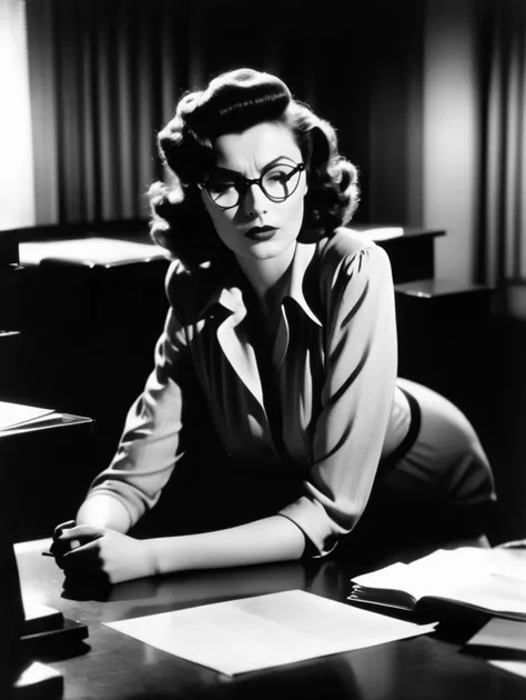 Film noir style Ando Fuchs Style long distance photo of a lewd lady wearing glasses, with messy hair, nose blush, half-closed eyes, open mouth, lying on her desk, spread her legs, back to viewer, look away, full body, solo <lora:Ando Fuchs Style:1> . Monochrome, high contrast, dramatic shadows, 1940s style, mysterious, cinematic