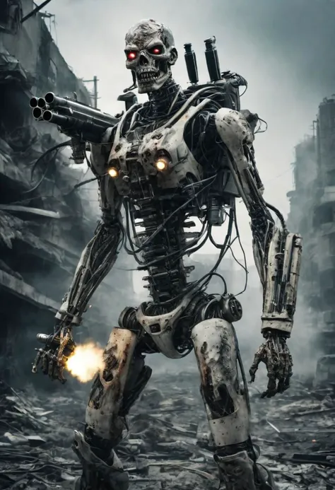 A chillingly realistic photograph captures a nightmarish scene of a cybernetic zombie holding and firing heavy rotative gatling gun, its decayed flesh intertwined with advanced cybernetic enhancements, artificial cyber eyes, complete wired body, cyber arms and legs, flesh, partial skin over body, standing in eerie solitude amidst a dystopian, post-apocalyptic landscape. Shot with a 135mm lens, this image showcases the grotesque fusion of human and machine with stark clarity.
<lora:JuggerCineXL2:0.8> Still, Film Still, Cinematic, Cinematic Shot, Cinematic Lighting