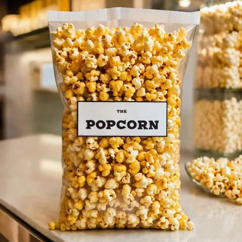 a paper bag of popcorn on a glass counter , bag has text printed on it: the word POPCORN