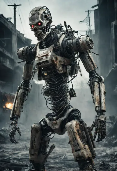 A chillingly realistic photograph captures a nightmarish scene of a cybernetic zombie holding and firing heavy rotative gatling gun, its decayed flesh intertwined with advanced cybernetic enhancements, artificial cyber eyes, complete wired body, cyber arms and legs, flesh, partial skin over body, standing in eerie solitude amidst a dystopian, post-apocalyptic landscape. Shot with a 135mm lens, this image showcases the grotesque fusion of human and machine with stark clarity.
<lora:JuggerCineXL2:0.8> Still, Film Still, Cinematic, Cinematic Shot, Cinematic Lighting