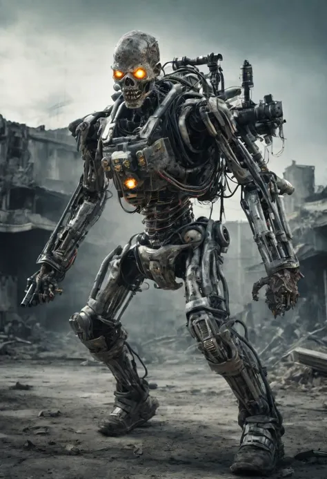 A chillingly realistic photograph captures a nightmarish scene of a cybernetic zombie holding and firing heavy rotative gatling gun, its decayed flesh intertwined with advanced cybernetic enhancements, artificial cyber eyes, complete wired body, cyber arms and legs, flesh, partial skin over body, standing in eerie solitude amidst a dystopian, post-apocalyptic landscape. Shot with a 135mm lens, this image showcases the grotesque fusion of human and machine with stark clarity.
<lora:JuggerCineXL2:0.8> Still, Film Still, Cinematic, Cinematic Shot, Cinematic Lighting