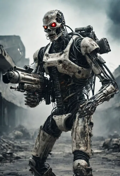 A chillingly realistic photograph captures a nightmarish scene of a cybernetic zombie holding and firing heavy rotative gatling gun, its decayed flesh intertwined with advanced cybernetic enhancements, artificial cyber eyes, complete wired body, cyber arms and legs, flesh, partial skin over body, standing in eerie solitude amidst a dystopian, post-apocalyptic landscape. Shot with a 135mm lens, this image showcases the grotesque fusion of human and machine with stark clarity.
<lora:JuggerCineXL2:0.8> Still, Film Still, Cinematic, Cinematic Shot, Cinematic Lighting