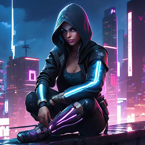 One woman, ((assassin creed)), hoody, black armor, cyberpunk city, neon lights, top of a building, crouching, overlooking City |((wet surfaces)), rain, lightning, sparks, |(Masterpiece, highly detailed, extremely detailed, beautiful, HD)), (extremely detailed CG unity 8k wallpaper, masterpiece, best quality, ultra-detailed, best shadow), (detailed background),Movie Still,Film Still,mecha