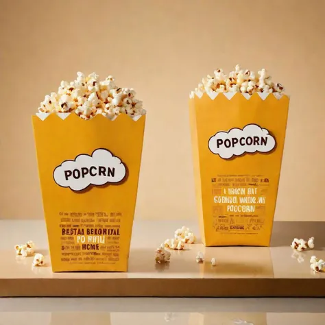 a paper bag of popcorn on a glass counter , bag has text printed on it: the word POPCORN