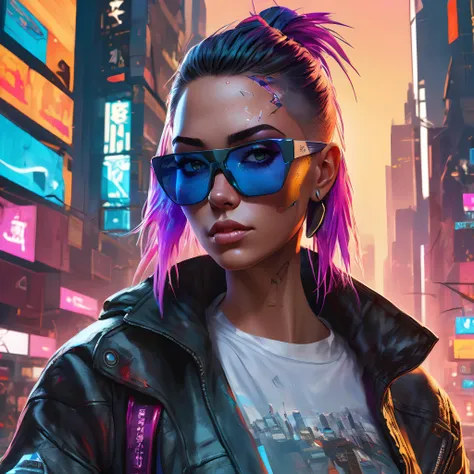 (masterpiece,best quality, ultra realistic,32k,RAW photo,detailed skin, 8k uhd, high quality:1.2), Corporate branding style portrait of a young beautiful cyberpunk woman, sunglasses, shag haircut, street samurai, sunset, neuromancer, cyberpunk city background, megacity, gorgeous view, depth, painted by seb mckinnon, high detail, digital art, painted by greg rutkowski, trending on artstation . Professional, clean, modern, sleek, minimalist, business-oriented, highly detailed
