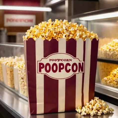 a maroon and brown striped paper bag of popcorn on a glass counter on a Concessions stand , bag has text printed on it: POPCORN