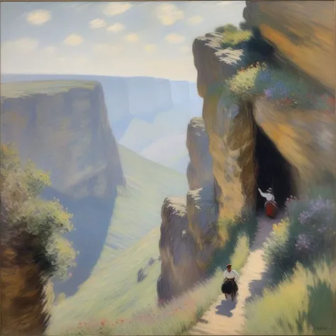 impressionistic painting by Monet, very rough painting with visible paint strokes, mountain climbing, rock climbing, An officer and a lady climbing a mounting in Victorian times, Dress hanging in tatters, man holding lady,