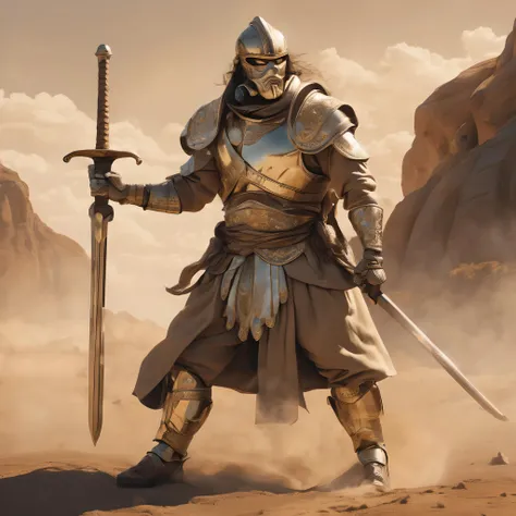 (masterpiece,best quality, ultra realistic,32k,RAW photo,detailed skin, 8k uhd, high quality:1.2), cinematic photo man with sword and shield, wavy, gouache, abstract, digital illustration, richard kane - ferguson, clouds, helmet, sepia tone, golden hour, windy, shaded face, concept art, big brush, smokey . 35mm photograph, film, bokeh, professional, 4k, highly detailed