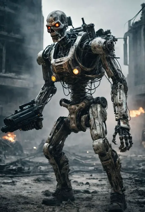 A chillingly realistic photograph captures a nightmarish scene of a cybernetic zombie holding and firing heavy rotative gatling gun, its decayed flesh intertwined with advanced cybernetic enhancements, artificial cyber eyes, complete wired body, cyber arms and legs, flesh, partial skin over body, standing in eerie solitude amidst a dystopian, post-apocalyptic landscape. Shot with a 135mm lens, this image showcases the grotesque fusion of human and machine with stark clarity.
<lora:JuggerCineXL2:0.8> Still, Film Still, Cinematic, Cinematic Shot, Cinematic Lighting