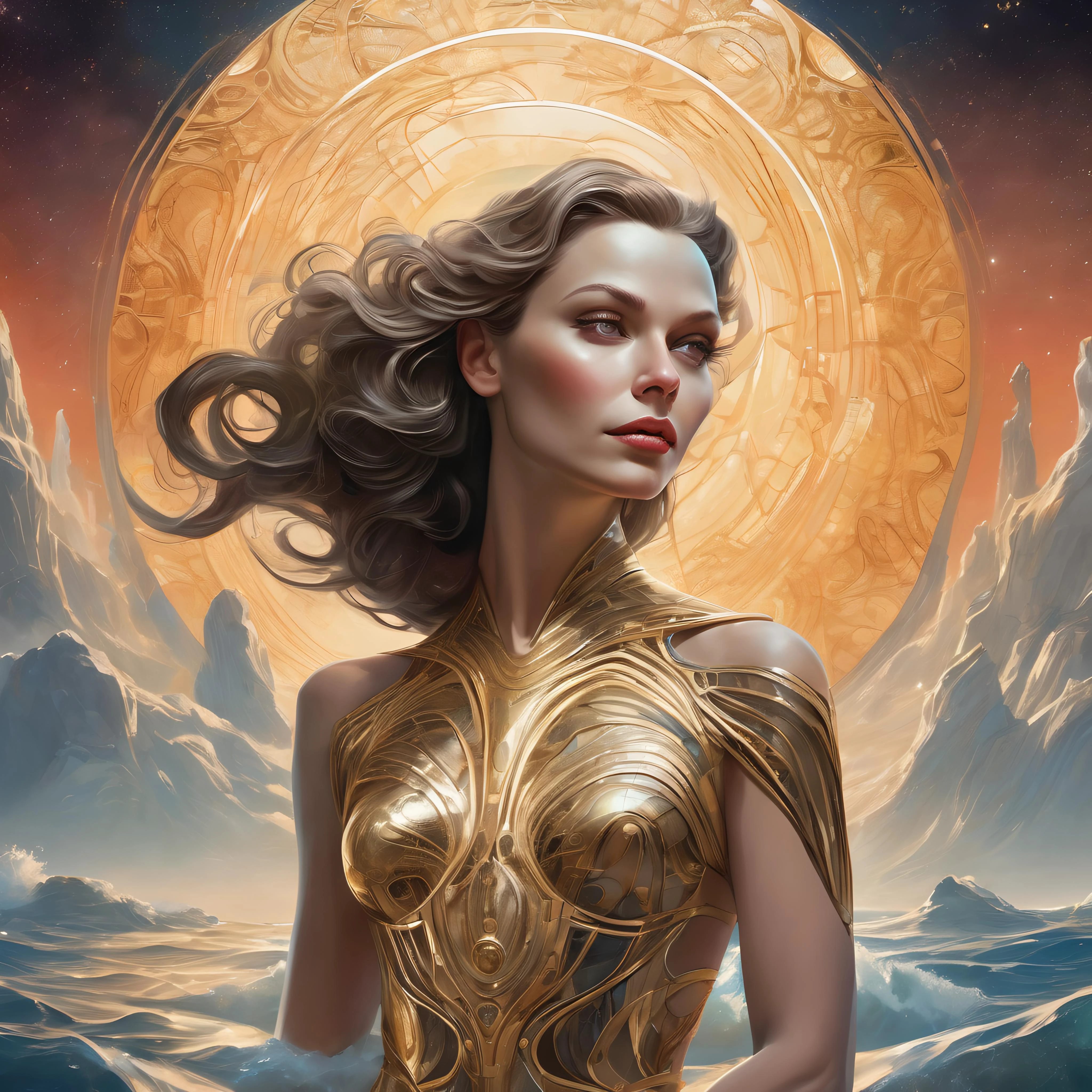 (masterpiece,best quality, ultra realistic, RAW photo), ethereal fantasy concept art of “ femme on a galactic shore, noir, solid shapes, geometric art deco, french, palette, plain, no fine details, 8 k isaac asimov ” . magnificent, celestial, ethereal, painterly, epic, majestic, magical, fantasy art, cover art, dreamy