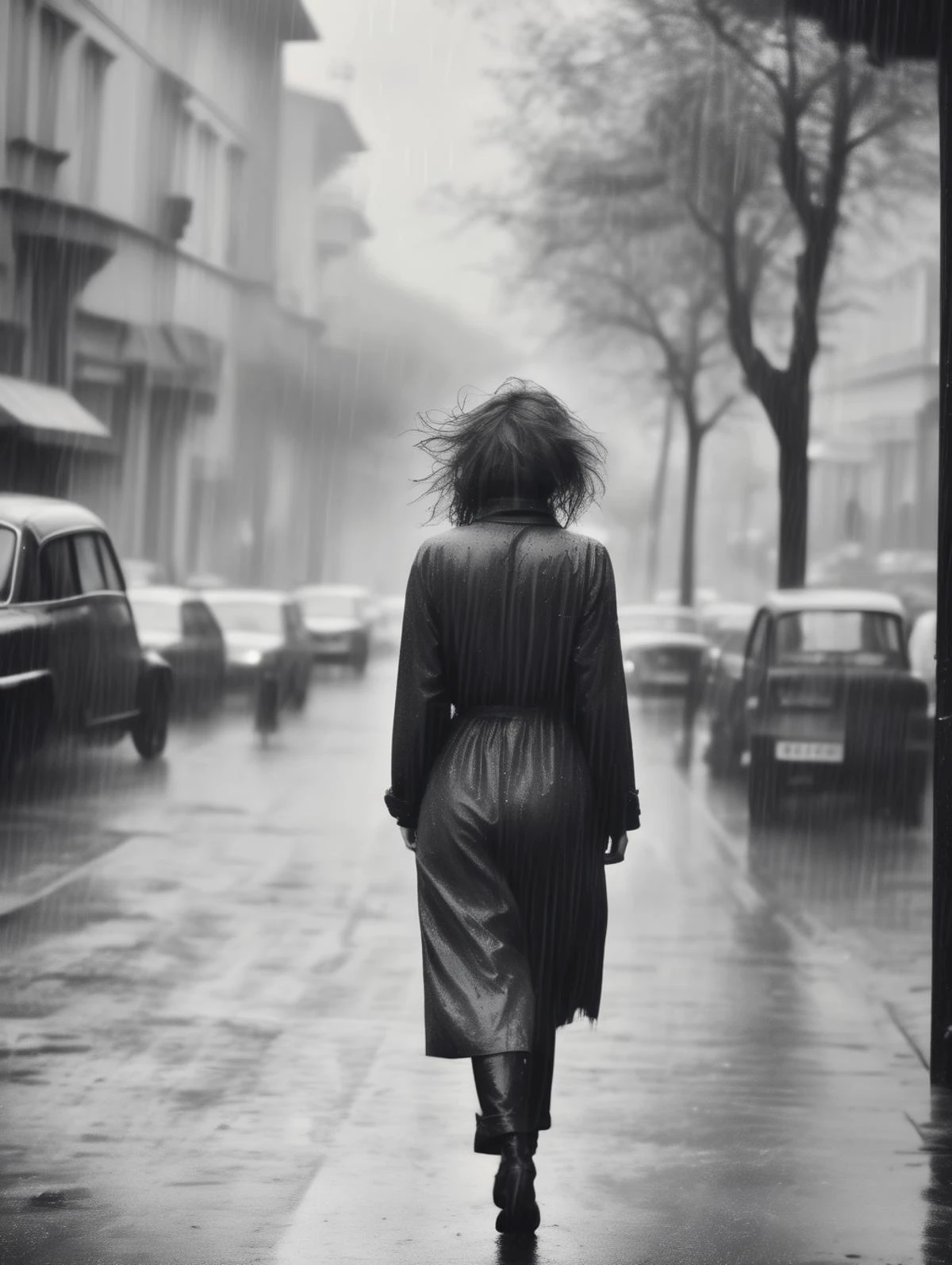 Ando Fuchs Style long distance photo of a lewd lady with messy hair, walk away on the street, in a rainy day, back to viewer, look away, full body, solo <lora:Ando Fuchs Style:1>