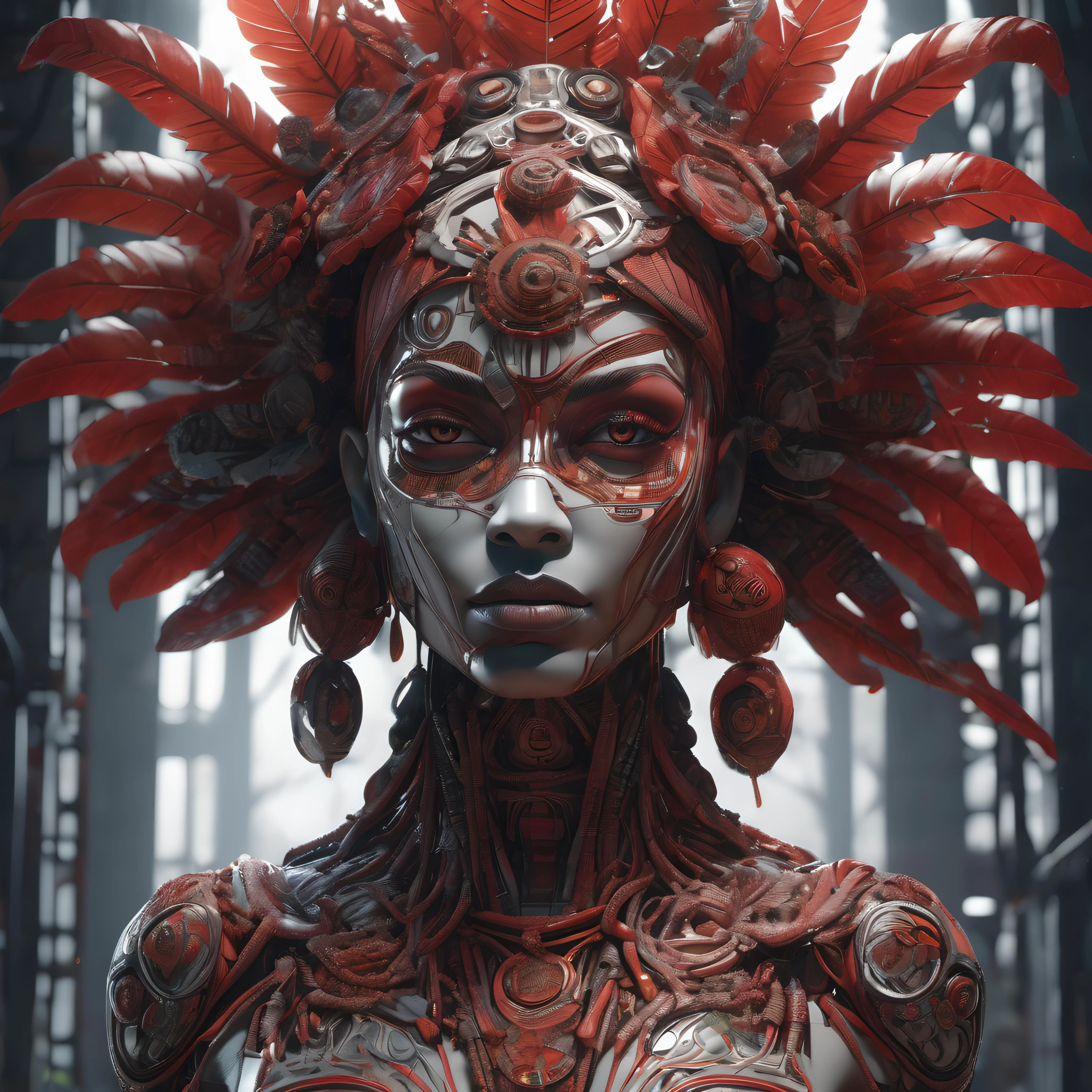(masterpiece,best quality, ultra realistic,32k,RAW photo,detailed skin, 8k uhd, high quality:1.2), Minecraft style intricate hyper detailed ultra sharp 3 d rendering of a beautiful afro porcelain aztec warrior medium portrait shot, 1 5 0 mm, global illumination, radiant light, ultrabright, depth of field, biomechanical ivy cyborg, cyberpunk, fractal, art nouveau, black eyes, large monochromatic earthy red leaves and stems, roots, fine ivory lace, white large pore fungi, feathers, alexander mcqueen haute couture, face tattoos, intricate details, mesh wire, anatomical, flesh ornate, facial muscles, cable wires, elegant, hyper realistic, ultra detailed, octane render, h. r. giger style, volumetric cinematic lighting, 8 k post - production . blocky, pixelated, vibrant colors, recognizable characters and objects, game assets