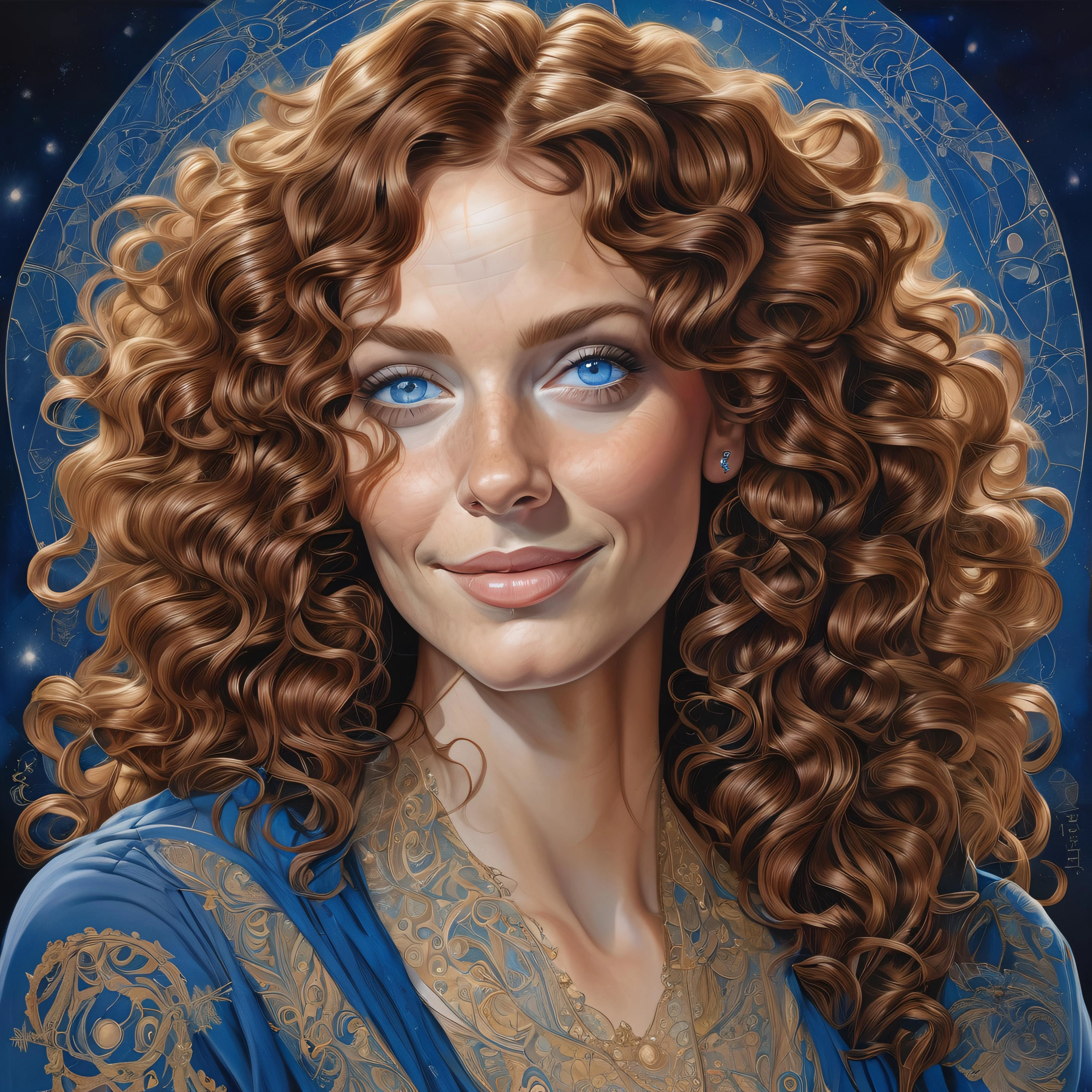 masterpiece, best quality, detailed eyes, detailed body, portrait, a woman with cascading curly chestnut hair, her sapphire blue eyes reflecting wisdom and mystery, a faint dimple gracing her left cheek when she offers a restrained smile, and tattoos of celestial patterns adorning her neckline.