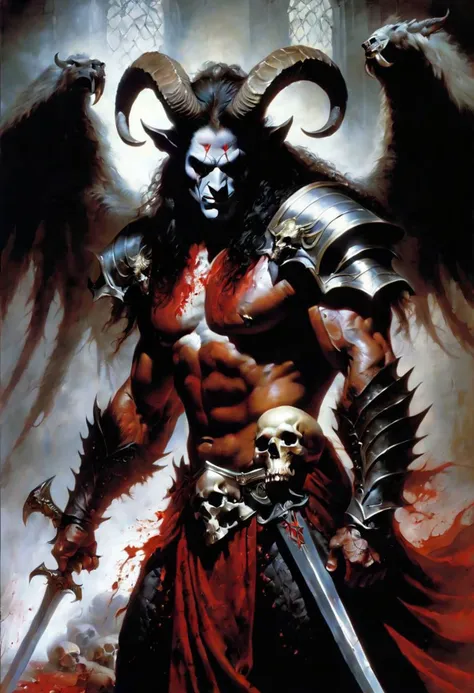 mj, Best Quality, cinematic, close-up, demon with goat head with big horns, strong and strong upper body, demon skins, skins, (claws, wings)), demonic armor, blood splatter, skulls on the ground, standing in blood ritual, medieval, dark room, dim light, masterpiece, realistic, oil painting Gabriele Dell'otto, AI Midjourney, bright saturated colors, watercolor, oil paints, 500px, 4k,oil paint