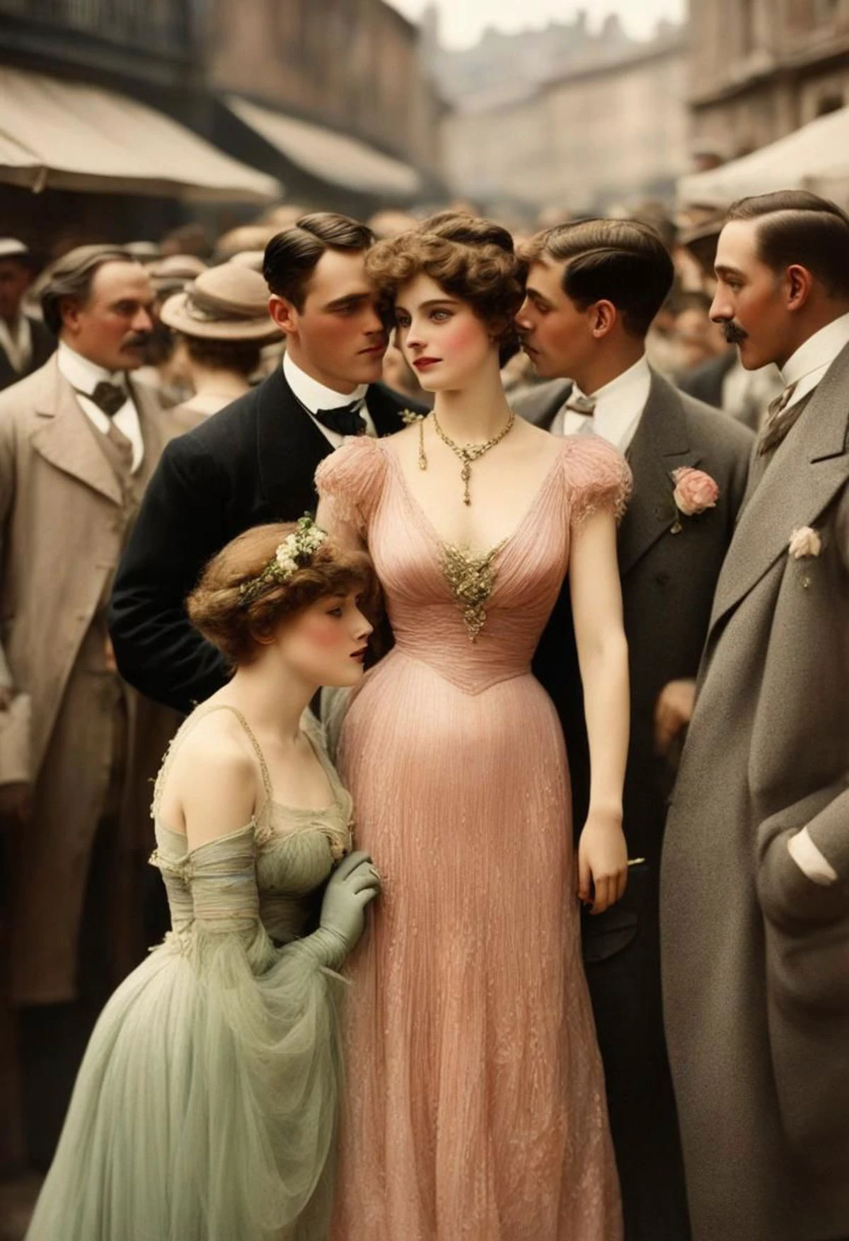 1907 color photo, 1girl, 1boy, big breasts, flirting, crowd, men, cocktail party <lora:1907_Fortuny_v2:1> Fortuny dress, rose
