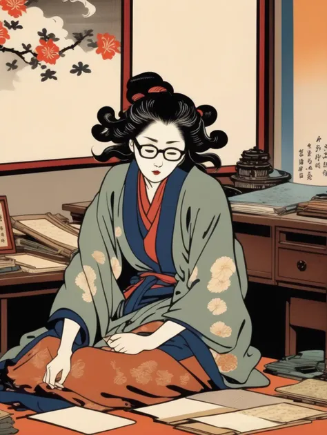 Ukiyo-e Art Style full body photo of a lewd lady wearing glasses, with messy hair, nose blush, half-closed eyes, open mouth, lying on her desk, face up, back down, spread her legs, front view, solo <lora:Ukiyo-e Art:1>