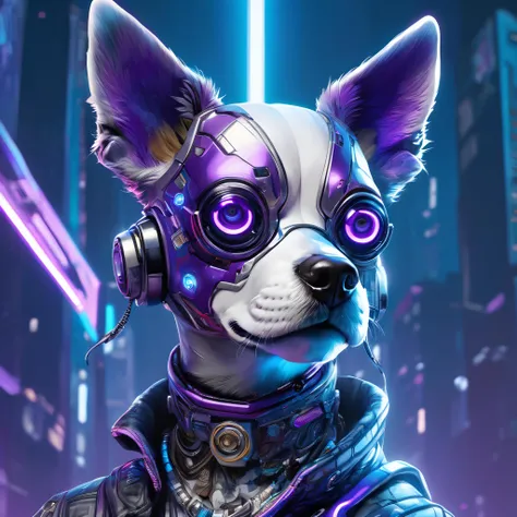 a beautiful portrait of a cute cyberpunk dog by sandra chevrier and greg rutkowski and wlop, purple blue color scheme, high key lighting, volumetric light, digital art, highly detailed, fine detail, intricate, ornate, complex, octane render, unreal engine, photorealistic