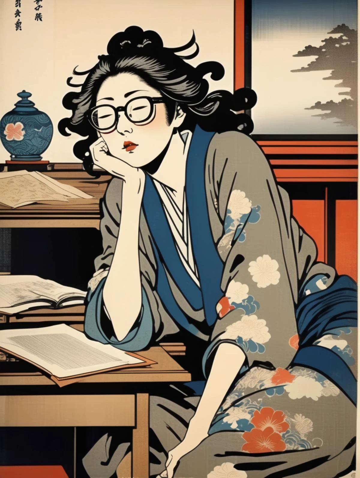Ukiyo-e Art Style full body photo of a lewd lady wearing glasses, with messy hair, nose blush, half-closed eyes, open mouth, lying on her desk, face up, back down, spread her legs, front view, solo <lora:Ukiyo-e Art:1>