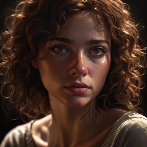 photorealistic, masterpiece, best quality, raw photo, 1girl, tiny breasts, curly hair, brown hair, rugged shirt, freckles, looking at viewer, dynamic lighting, in the dark, deep shadow, low key, intricate detail, detailed skin, pore, highres, hdr, sad_face