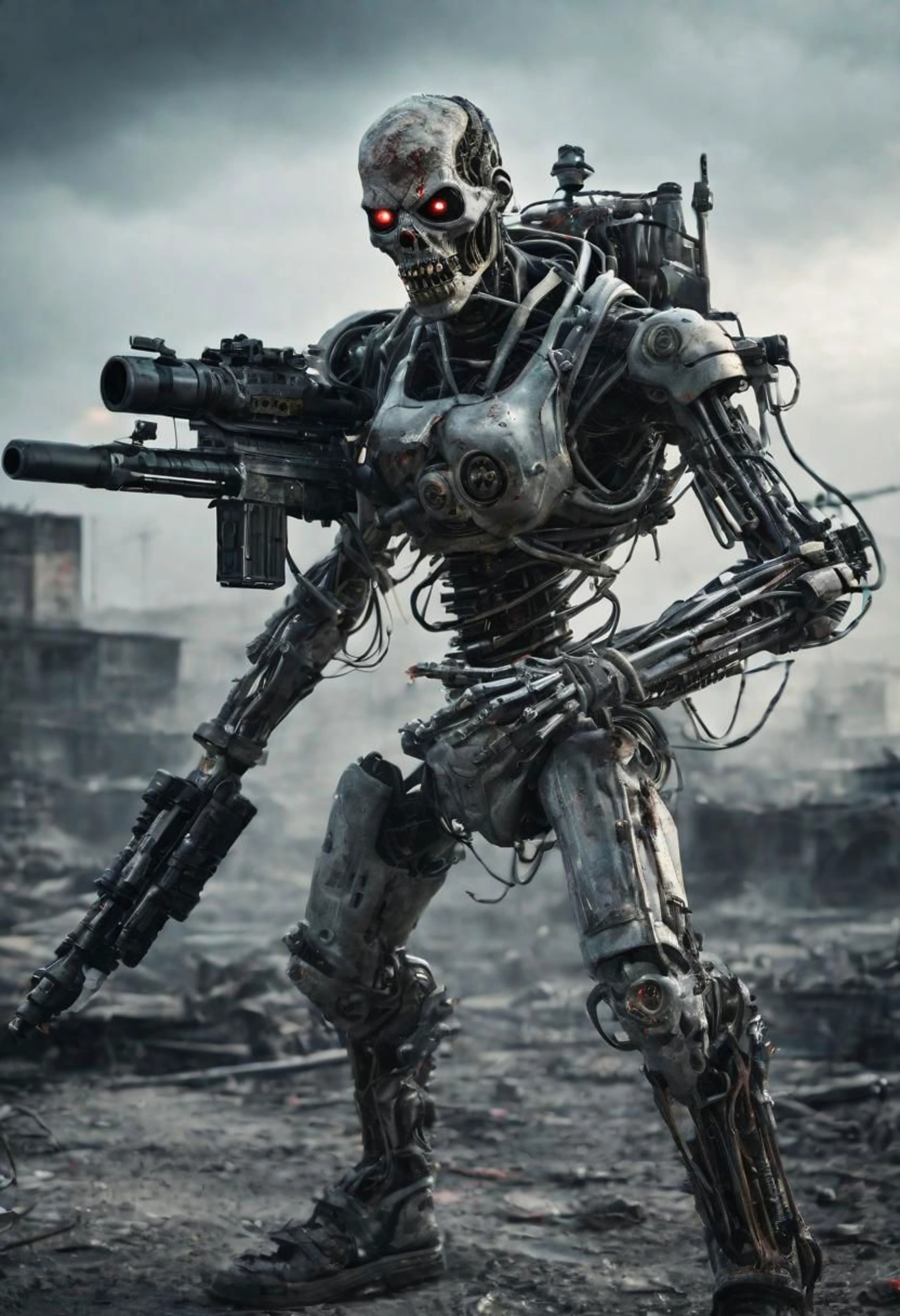 A chillingly realistic photograph captures a nightmarish scene of a cybernetic zombie holding and firing heavy rotative gatling gun, its decayed flesh intertwined with advanced cybernetic enhancements, artificial cyber eyes, complete wired body, cyber arms and legs, flesh, partial skin over body, standing in eerie solitude amidst a dystopian, post-apocalyptic landscape. Shot with a 135mm lens, this image showcases the grotesque fusion of human and machine with stark clarity.
<lora:JuggerCineXL2:0.8> Movie Still, Film Still, Cinematic, Cinematic Shot, Cinematic Lighting