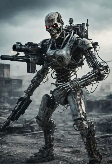 A chillingly realistic photograph captures a nightmarish scene of a cybernetic zombie holding and firing heavy rotative gatling gun, its decayed flesh intertwined with advanced cybernetic enhancements, artificial cyber eyes, complete wired body, cyber arms and legs, flesh, partial skin over body, standing in eerie solitude amidst a dystopian, post-apocalyptic landscape. Shot with a 135mm lens, this image showcases the grotesque fusion of human and machine with stark clarity.
<lora:JuggerCineXL2:0.8> Movie Still, Film Still, Cinematic, Cinematic Shot, Cinematic Lighting