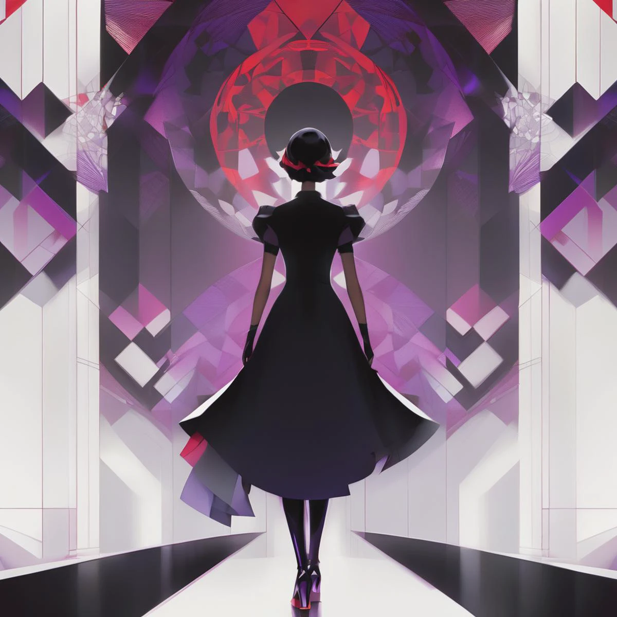 breathtaking fractal abstract dark art of a woman in a black dress, white background with very subtle red and purple design elements, powerful, nekro, graphic novel, artgerm, clean cel shaded vector art, by lois van baarle, loish, artgerm, helen huang, by makoto shinkai and ilya kuvshinov, rossdraws, illustration, 4 k resolution, trending on artstation . award-winning, professional, highly detailed