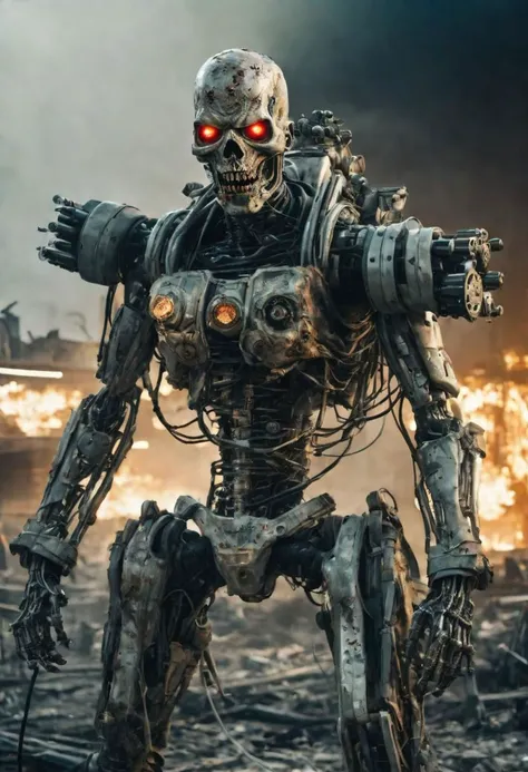 A chillingly realistic photograph captures a nightmarish scene of a cybernetic zombie holding and firing heavy rotative gatling gun, its decayed flesh intertwined with advanced cybernetic enhancements, artificial cyber eyes, complete wired body, cyber arms and legs, flesh, partial skin over body, standing in eerie solitude amidst a dystopian, post-apocalyptic landscape. Shot with a 135mm lens, this image showcases the grotesque fusion of human and machine with stark clarity.
<lora:JuggerCineXL2:0.8> Still, Film Still, Cinematic, Cinematic Shot, Cinematic Lighting