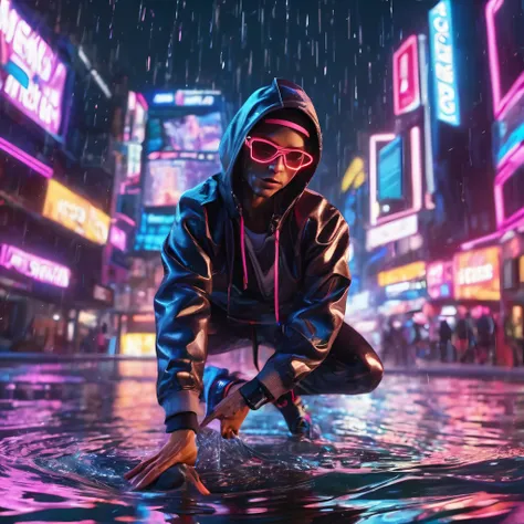 (masterpiece,best quality, ultra realistic,32k,RAW photo,detailed skin, 8k uhd, high quality:1.2), Corporate branding style cinematic wide angle, slow motion of futuristic break dancer wearing neon lights, trail effect, long exposure shot, at night in the middle of a rainy street, asian city, paddle of water, water splashes, rim lights, glossy reflections, water droplets on lens, octane render, detailed and soft, by jimbo phillips santa cruz, 10mm fisheye . Professional, clean, modern, sleek, minimalist, business-oriented, highly detailed