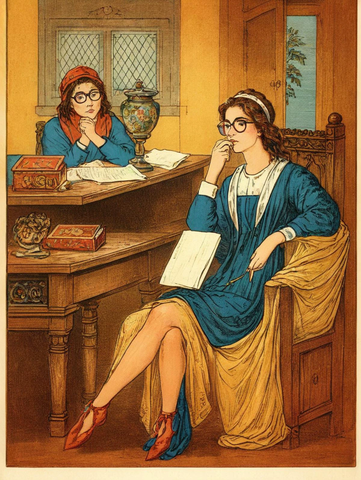vintageillustration style full body photo of a lewd lady wearing glasses, with messy hair, nose blush, half-closed eyes, open mouth, lying on her desk, face up, back down, spread her legs, front view, solo <lora:vintage_illust:1>