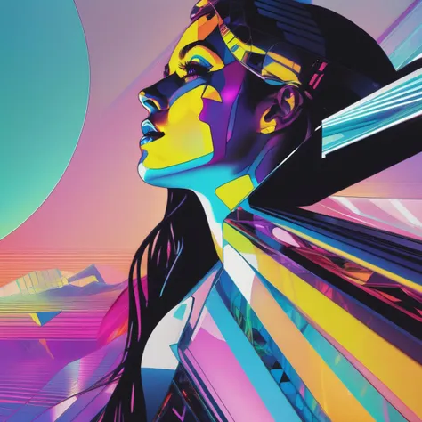 isometric style fractal abstract dark art iphone photo of a futuristic synthwave woman by android jones, a woman looks up and the sun is shining on her face, close up, by jenny saville, pinterest, synthwave aesthetic . vibrant, beautiful, crisp, detailed, ultra detailed, intricate