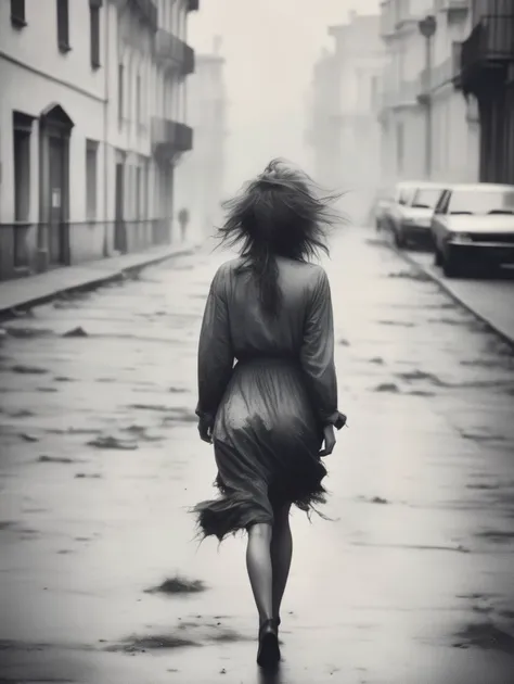 Arafed woman walking down a wet street in the rain - SeaArt AI