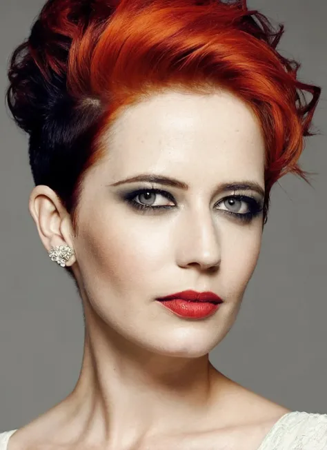 portrait of sks woman by Flora Borsi, style by Flora Borsi, bold, bright colours, orange Mohawk haircut, ((Flora Borsi)), <lora:locon_evagreen_v1_from_v1_64_32:1.3>
