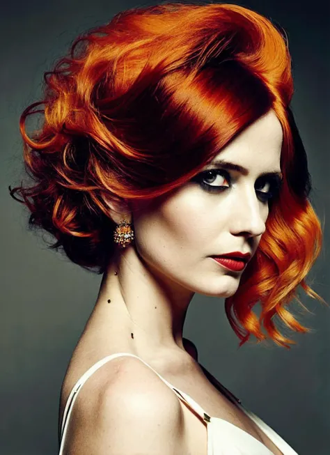 analog style, modelshoot style, portrait of sks woman by Flora Borsi, style by Flora Borsi, bold, bright colours, orange Mohawk haircut, ((Flora Borsi)), <lora:locon_evagreen_v1_from_v1_64_32:1.3>