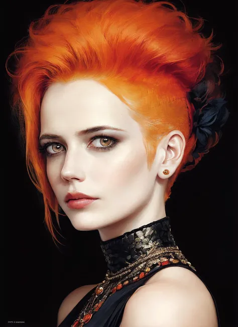 portrait of sks woman by Flora Borsi, style by Flora Borsi, bold, bright colours, orange Mohawk haircut, ((Flora Borsi)), <lora:locon_evagreen_v1_from_v1_64_32:1.3>