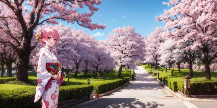 absurdres, highres, best quality, 1girl, cherry blossoms, day, happy, Japan, kimono, long hair, looking at viewer, nature, outdoors, sakura, smiling, spring, standing, vibrant, wide shot, woman

The woman stands in Japan, surrounded by cherry blossoms in full bloom. The sky is a vibrant shade of blue, complementing the pink and white hues of the blossoms. She wears a traditional kimono, which enhances the natural beauty of the scene. With a bright smile on her face, she looks directly at the viewer, exuding happiness and joy. Her long hair flows freely in the gentle breeze, adding to the sense of serenity and tranquility. The scene is one of pure beauty, a reminder of the delicate balance between humanity and nature. The wide shot captures the full majesty of the landscape, emphasizing the scale and grandeur of the cherry blossom trees. It's a moment frozen in time, a celebration of spring and new beginnings, and a testament to the enduring power of beauty and grace.