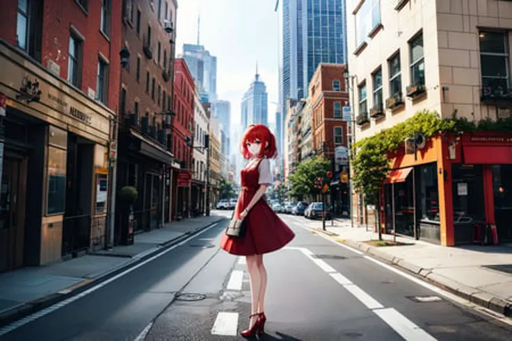 absurdres, highres, best quality, 1girl, full body, standing, red dress, outdoors, city, street,
