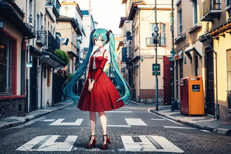 absurdres, highres, best quality, 1girl, full body, standing, red dress, outdoors, city, street, facing viewer, hatsune miku,