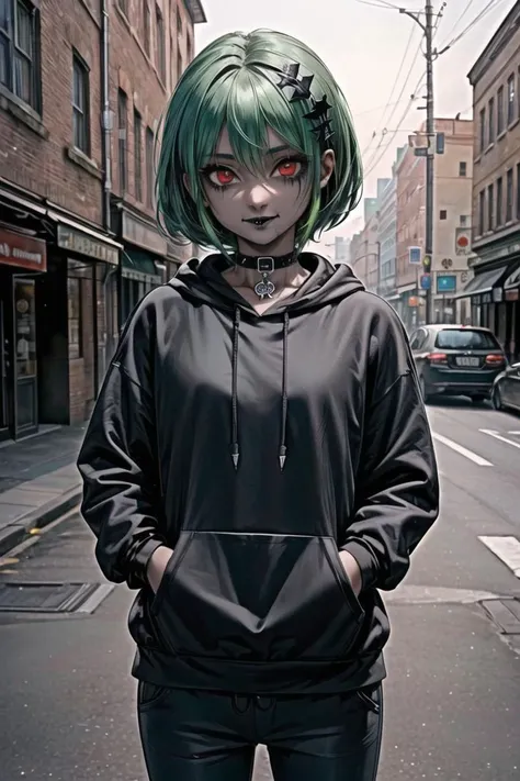(masterpiece, best quality:1.4), (((dark skin))), ((black pants)), (((((black hoodie))))), ((((((black sweatshirt)))))), (tribal tattoos), (beautiful, perfect, delicate, detailed, intricate, aesthetic:1.2), (solo), red eyes, ((green hair)), colored tips, black hair, mascara, eyeshadow, (smile), ((closed mouth)), short hair, (flat chest), black choker, ((((goth)))), dynamic pose, action pose, night sky, stars, street, city, advertisements, stores, realistic background, spotlights, (((((horror))))), hair ornament, cowboy shot, <lora:more_details:0.45>,