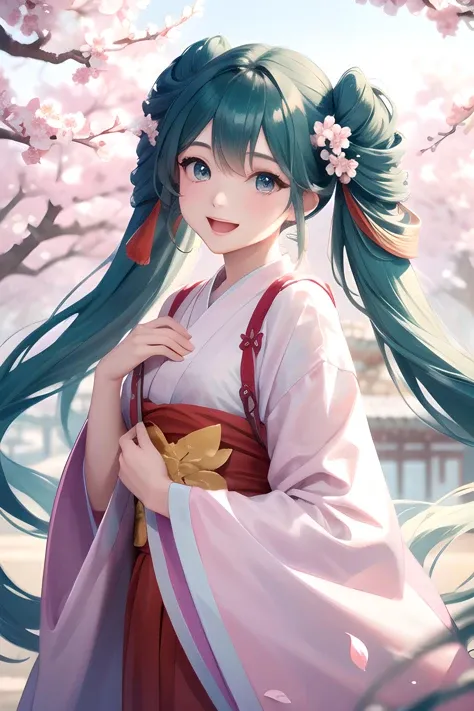 (masterpiece, best quality, highres, ultra detailed, detailed background:1.2), (beautifull, detailed face, detailed eyes), <lora:hatsunemiku1-000006:1>, meigetsu, pastel colors outdoors, day, temple, chinese architecture, standing, tree, plum blossoms, falling petals, wind, cowboy shot, from side, looking at viewer, open mouth, smile, hand in own hair,