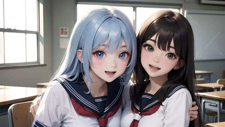 (masterpiece), best quality, highres, ultra-detailed, multiple girls, classroom, school uniform, white serafuku, summer uniform, happy, open mouth, smile, hug, height difference, different hairstyle, different hair color, different breasts size, different eyes color, different skin color, pastel colors, sexually suggestive,