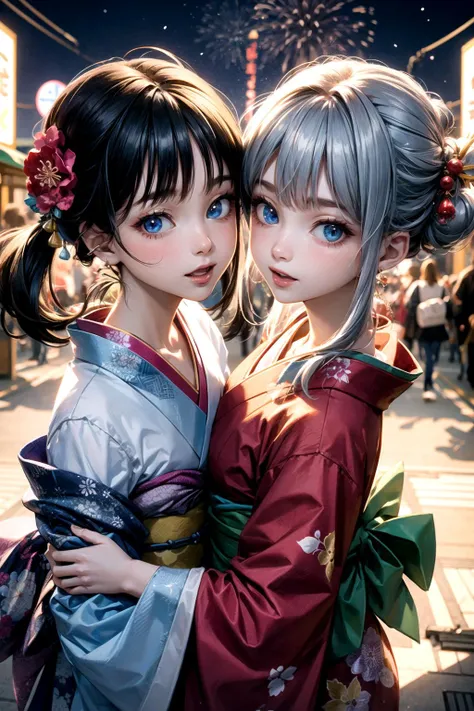 (masterpiece), best quality, official art, , highres, ultra-detailed, looking at viewer, (2+girls:1.1) BREAK
aerial fireworks, summer festival, night, night view, dynamic pose, dynamic angle, perfect face, beautifl face, beautiful eyes BREAK
(kimono:1.2), alternate hairstyle, alternate breasts size, alternate kimono, bare shoulders,light smile, (shiny skin:1.2), open mouth, hand to hand BREAK
, <lora:add_detail:0.6>,